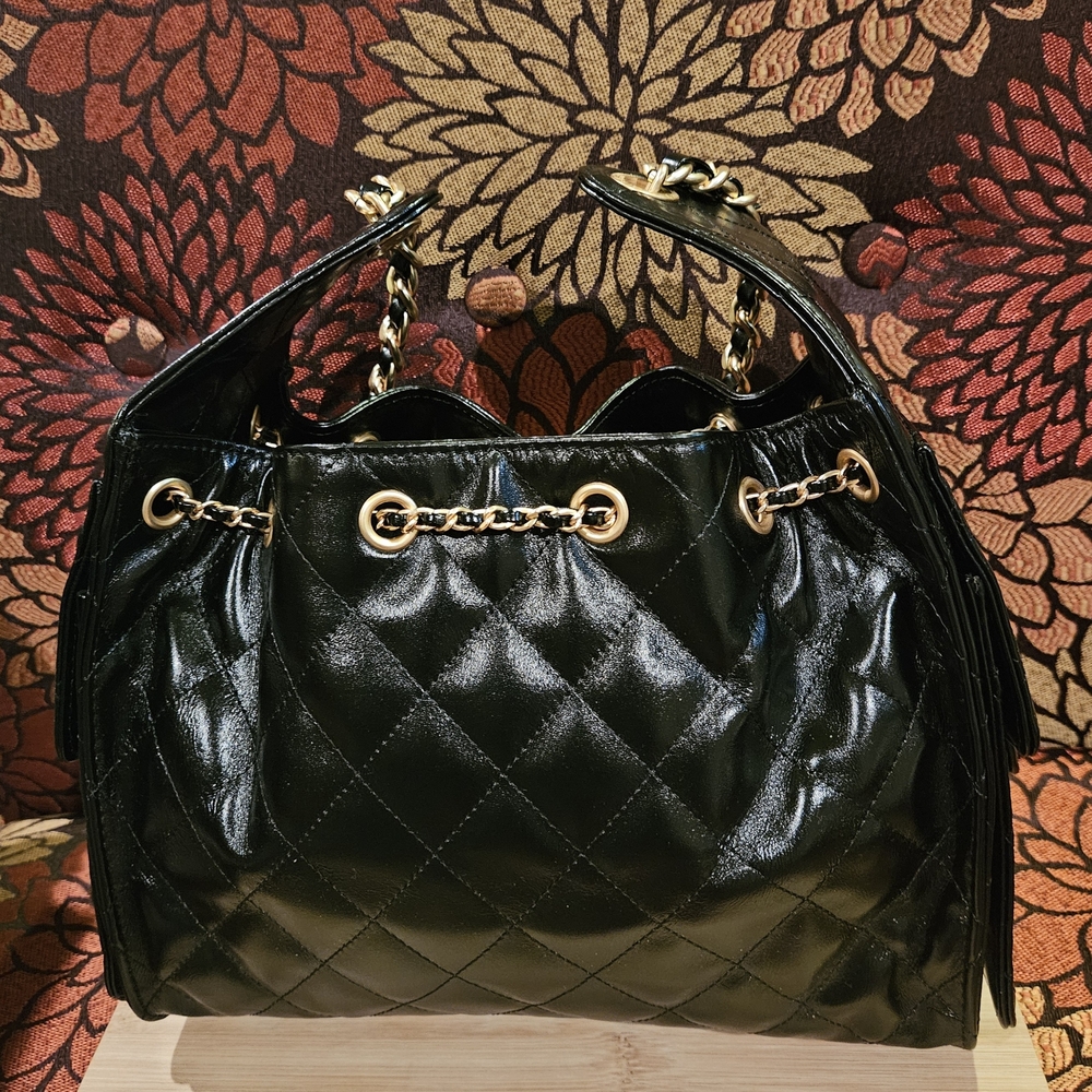 Black Quilted Shoulder Bag with Gold Chain Detail - Picture 3 of 10